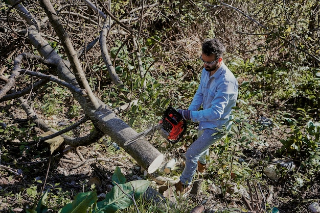 Un hombre corta un árbol en el jardín de su casa.