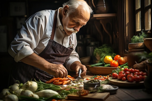 Un hombre corta verduras en la cocina.