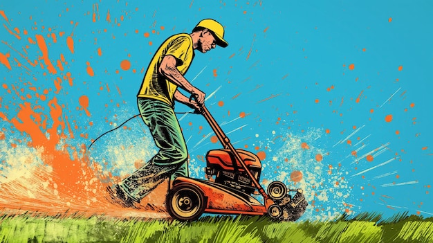 Hombre cortando el césped en el arte pop dinámico