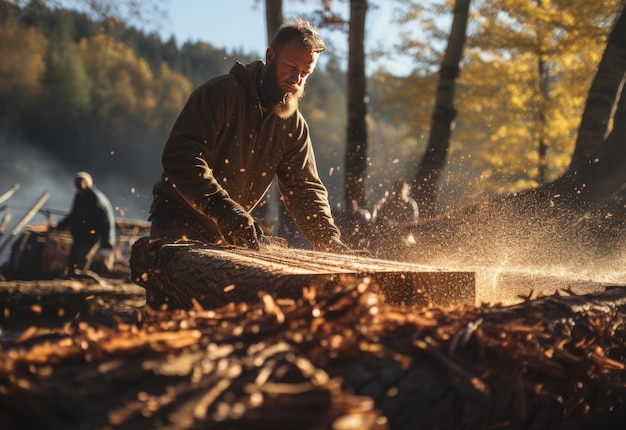 Hombre cortando troncos en el bosque