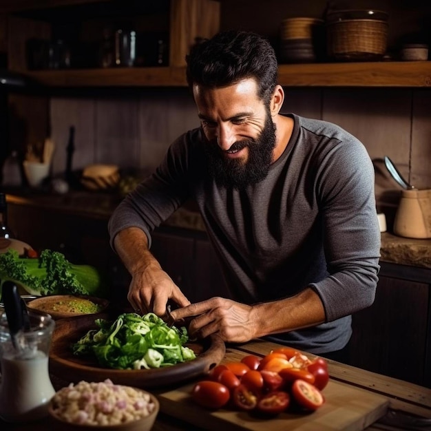 un hombre cortando verduras en una tabla de cortar