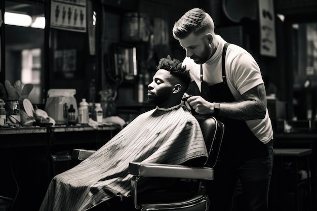 Hombre cortándose el pelo en una barbería Foto joven barbudo sentado y cortándose el cabello en la barbería