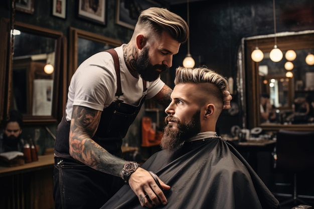 Hombre cortándose el pelo en una barbería Foto joven barbudo sentado y cortándose el cabello en la barbería