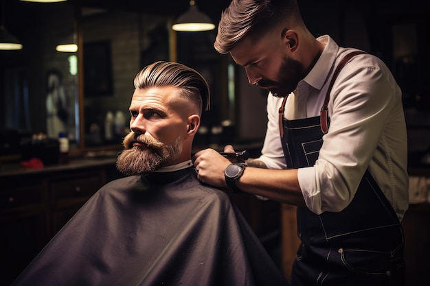 Hombre cortándose el pelo en una barbería Foto joven barbudo sentado y cortándose el cabello en la barbería