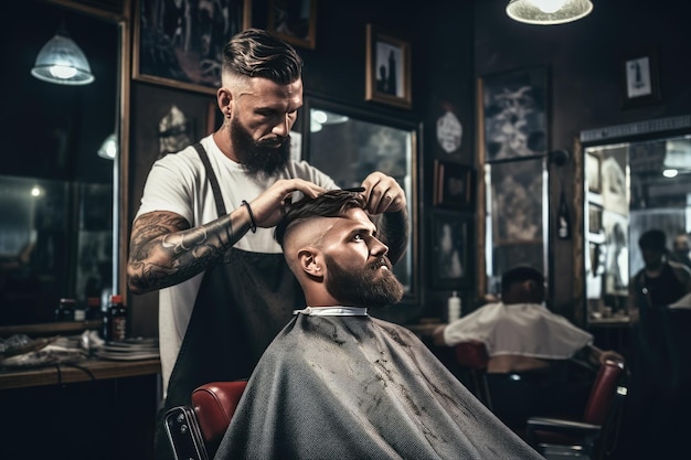 Hombre cortándose el pelo en una barbería Foto joven barbudo sentado y cortándose el cabello en la barbería