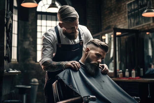 Hombre cortándose el pelo en una barbería Foto joven barbudo sentado y cortándose el cabello en la barbería