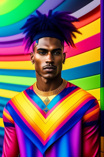 Un hombre con un corte de pelo de arco iris y colores del arco iris.