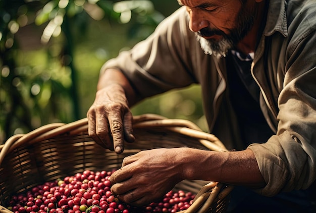 Foto un hombre está cosechando granos de café de una canasta al estilo de color verde oscuro y carmesí claro