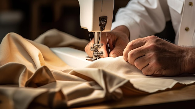 hombre cosiendo ropa en una máquina de coser generativa ai