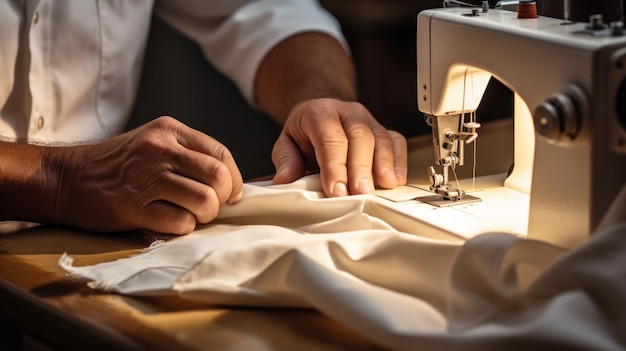 hombre cosiendo ropa en una máquina de coser generativa ai