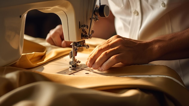 hombre cosiendo ropa en una máquina de coser generativa ai