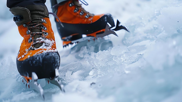 Un hombre con crampones está caminando por un lago congelado el hielo está agrietado y parece peligroso pero el hombre es seguro y confiado