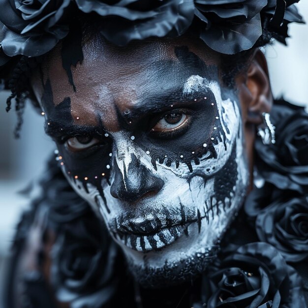 Foto un hombre con un cráneo y flores en la cara lleva una máscara negra