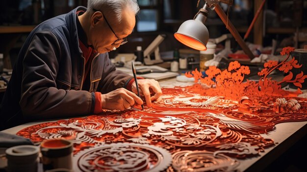 Foto un hombre crea meticulosamente una obra de arte centrándose atentamente en su trabajo