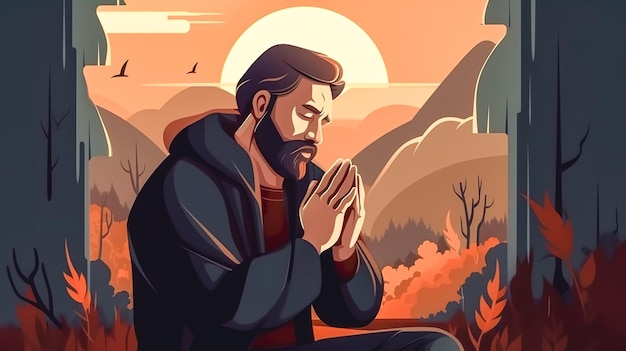 Hombre cristiano rezando con las manos cruzadas IA generativa