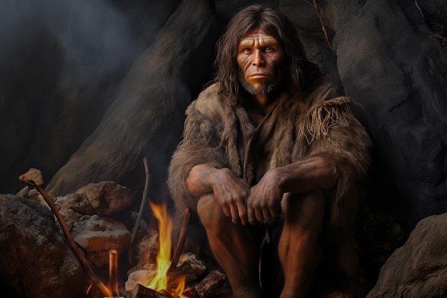 Foto hombre de cro-magnon en pieles de animales sentado junto a un fuego en una cueva