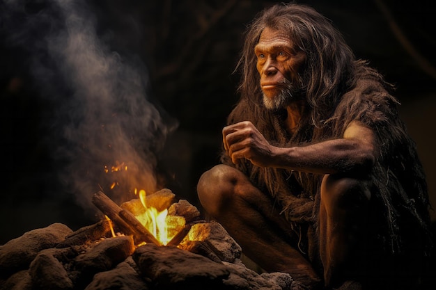 Hombre de Cro-Magnon en pieles de animales sentado junto a un fuego en una cueva