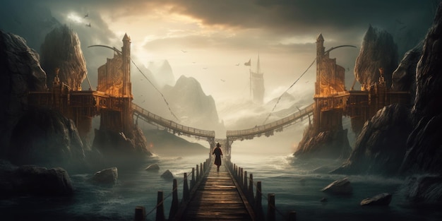Un hombre cruzando un puente en un paisaje neblinoso