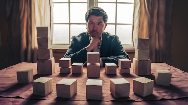 Foto hombre y cubos de madera en el concepto de gestión de la mesa