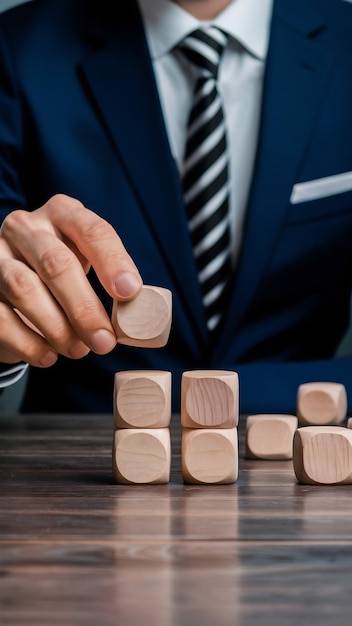 Hombre y cubos de madera en el concepto de gestión de la mesa