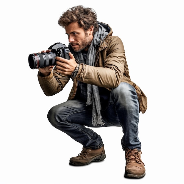 Un hombre en cuclillas con una cámara en la mano.
