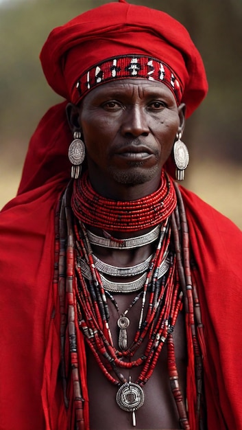 Foto hombre de cuentas maasai de kenia resplandeciente en foto roja realista
