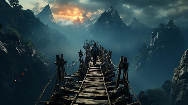 Hombre con una cuerda pasando por un puente suspendido entre montañas Esta es una ilustración de renderización en 3D