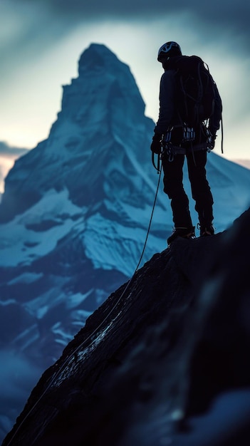 Foto un hombre con una cuerda de pie en la cima de la montaña ai