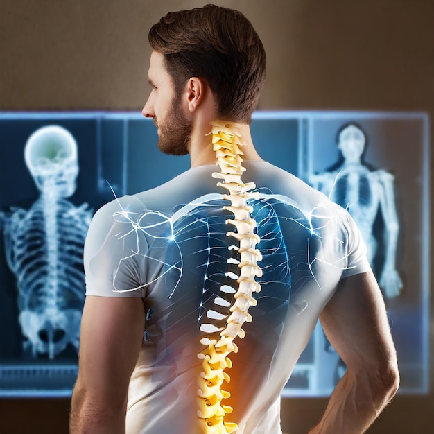 Foto hombre cuerpo columna vertebral diagnóstico estructuras neuronales organismo humano hombros postura dolor illumi