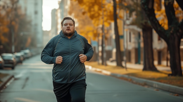 Hombre con un cuerpo físico gordo corre por la calle con ropa deportiva entrenamiento deportivo pérdida de peso