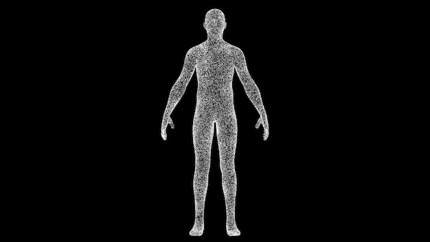 Foto hombre del cuerpo humano 3d en bg negro objeto disuelto partículas parpadeantes blancas fondo publicitario empresarial concepto científico para la presentación del texto del título animación 3d