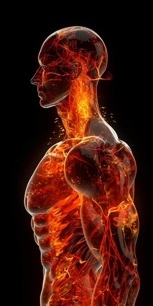 Un hombre con un cuerpo en llamas y la palabra ardiendo en él.