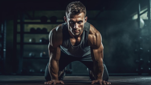 Foto un hombre con un cuerpo muscular se agacha frente a un espejo