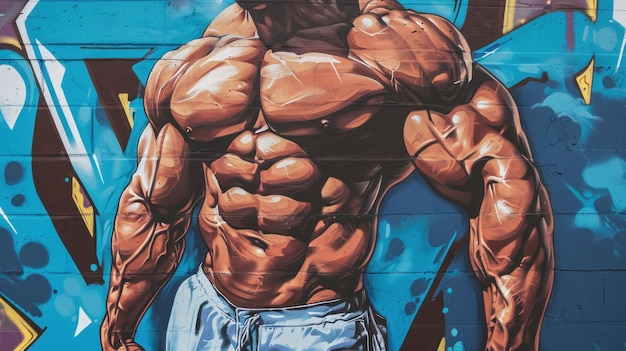 Foto un hombre con un cuerpo musculoso de pie frente al graffiti ai