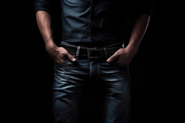 Hombre con cuerpo perfecto en jeans sobre fondo negro IA generativa