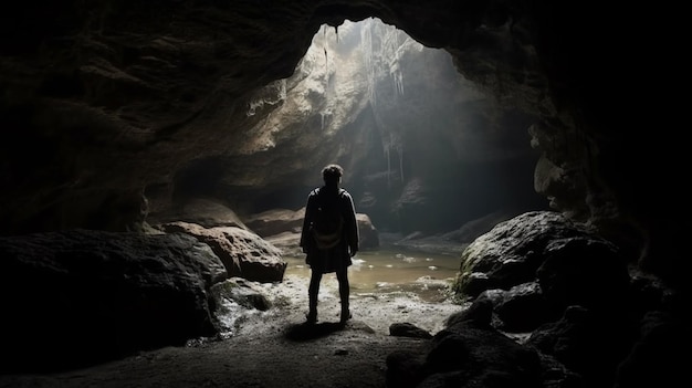 Foto el hombre en la cueva la luz cae desde arriba ia generativa