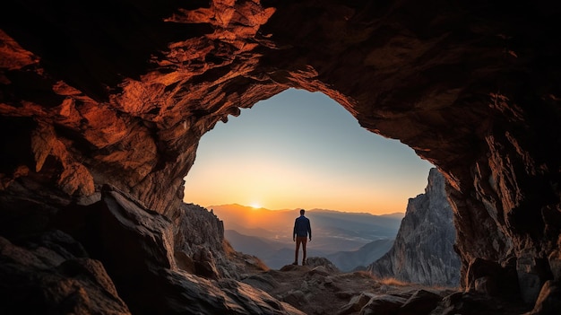 Un hombre se para en una cueva mirando la puesta de sol.