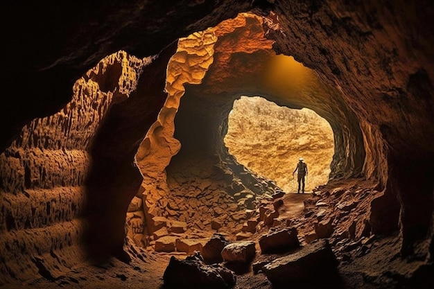 Un hombre se para en una cueva con la palabra cueva en la parte inferior.