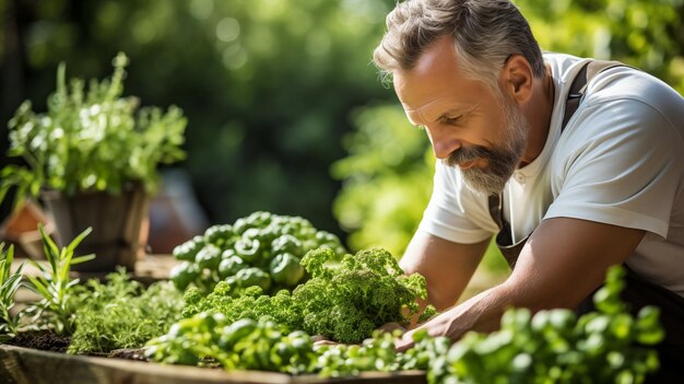 El hombre cuida las hierbas en un jardín con dedicación