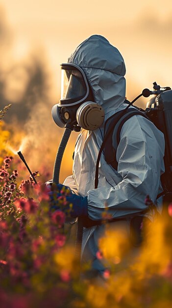 Foto hombre de cuidado agrícola con equipo de protección fumiga el campo al atardecer fondo de pantalla móvil vertical