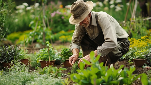 El hombre cultiva hierbas que fomentan el bienestar natural en el jardín