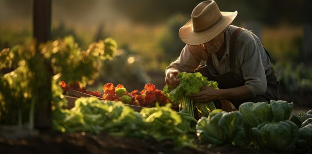 Foto hombre cultivador recogiendo verduras crudas frescas cesta con verduras orgánicas frescas y pimientos en las manos imagen generada por ia