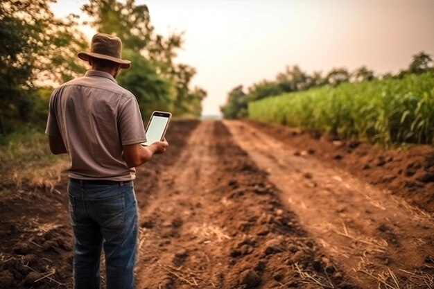 Hombre cultivando naturaleza campo agricultor tableta de pie agricultura tecnología de trigo cultivo IA generativa