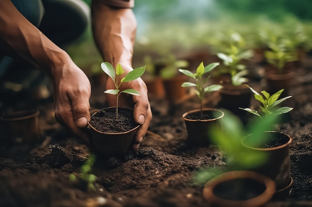 Hombre cultivando plantas agrícolas en el jardín al atardecer AI