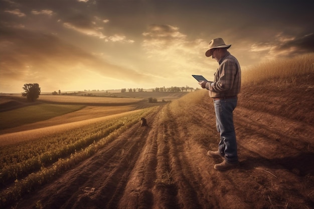 Hombre de cultivo campo agrícola naturaleza producir agricultura tableta trigo tecnología del agricultor IA generativa