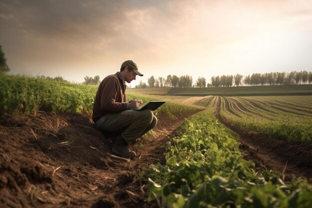 Hombre de cultivo tableta naturaleza agricultor tecnología agrícola de trigo trabajador agrícola de campo IA generativa