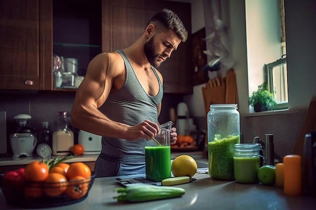 un hombre de culturismo está haciendo un batido en la cocina