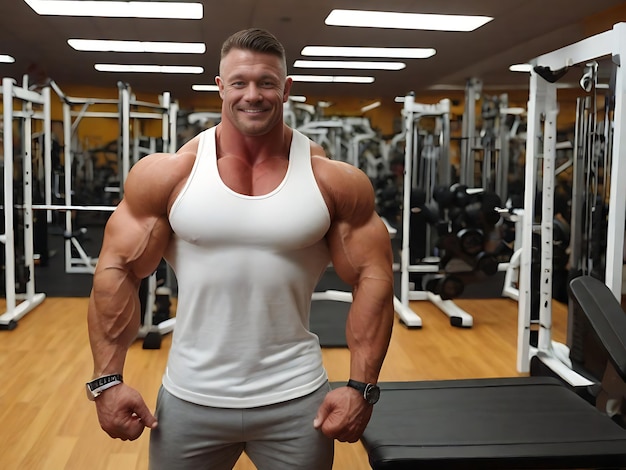 Hombre culturista en el gimnasio con fondo desenfocado