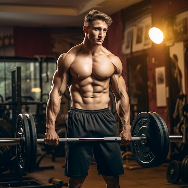 Un hombre culturista y un niño musculoso en el gimnasio.