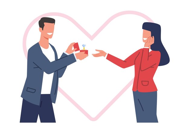 El hombre le da un anillo de diamante a la mujer que ama el chico le propone a su novia el compromiso de la chica y el chico la gente junta ilustración aislada plana de dibujos animados concepto vectorial de amor y relación